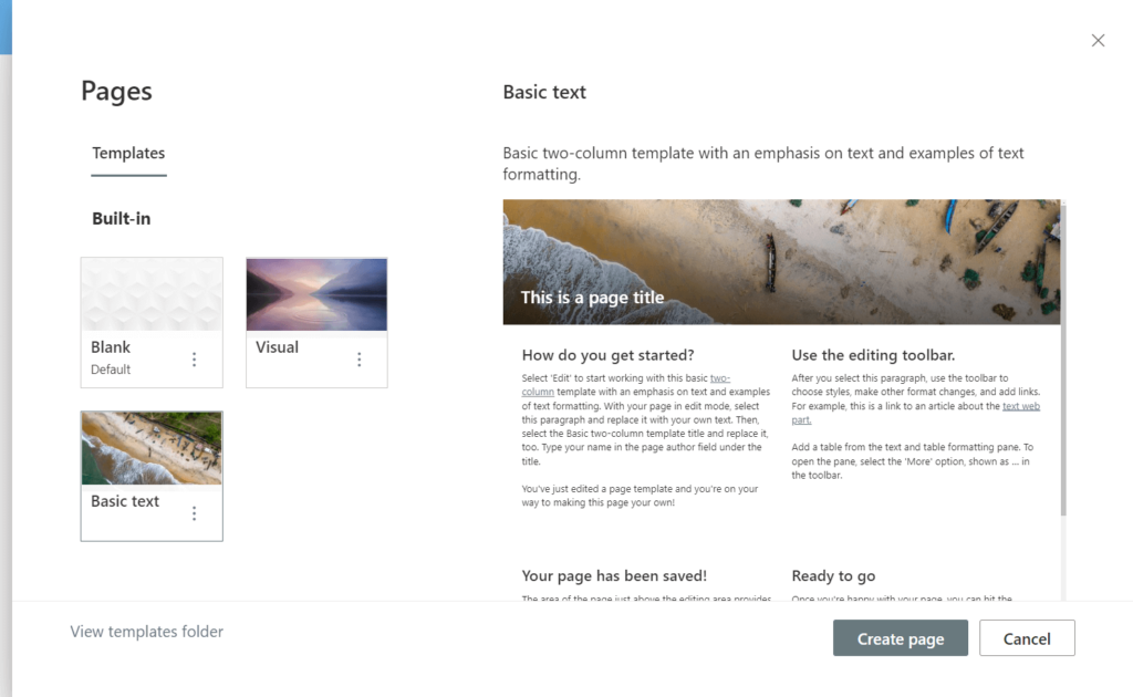 Available page templates