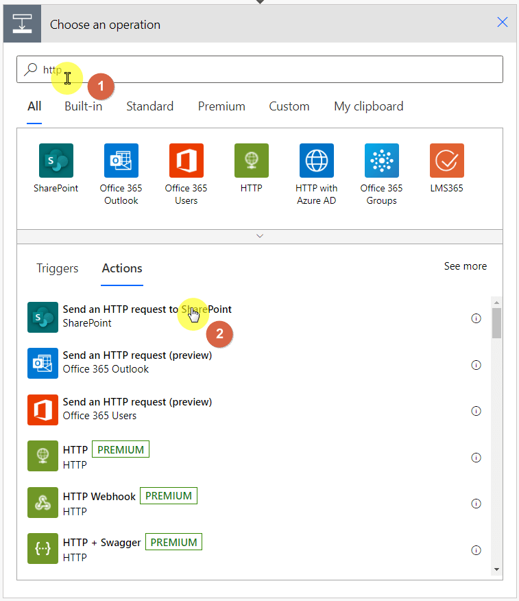 Choose an operation: Send an HTTP request to SharePoint