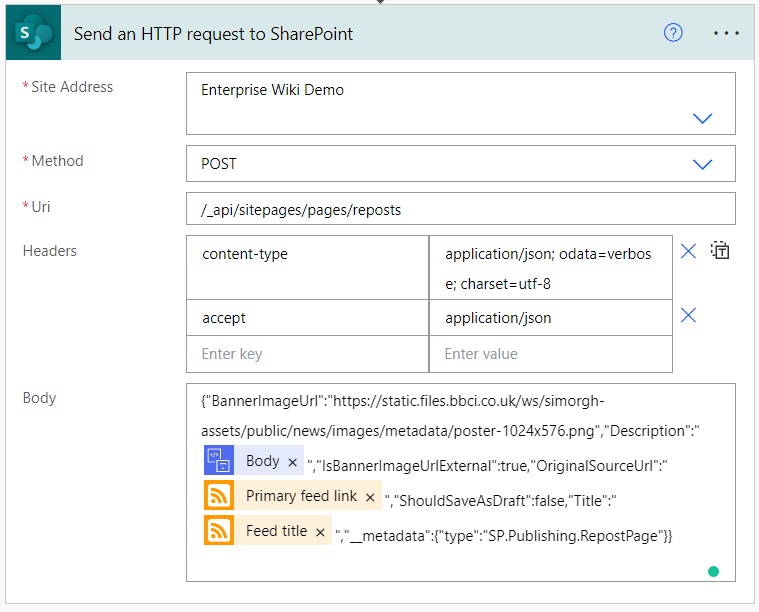 Send an HTTP request to SharePoint settings