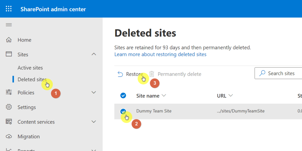 Deleted sites: Restore button