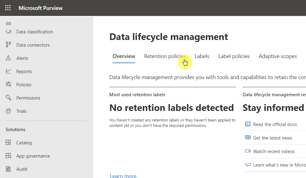 Navigate to retention policies