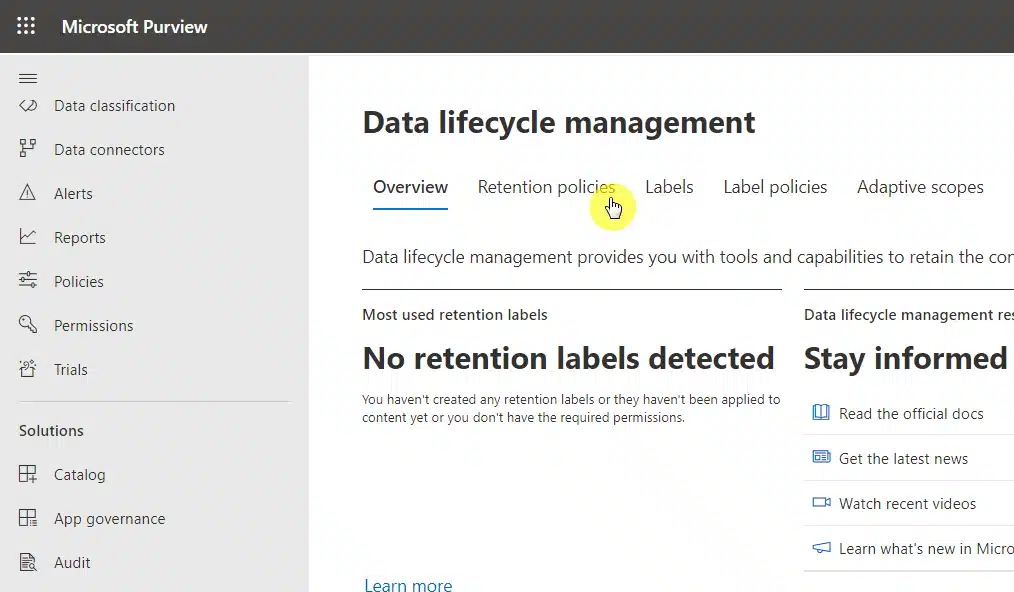 Navigate to retention policies