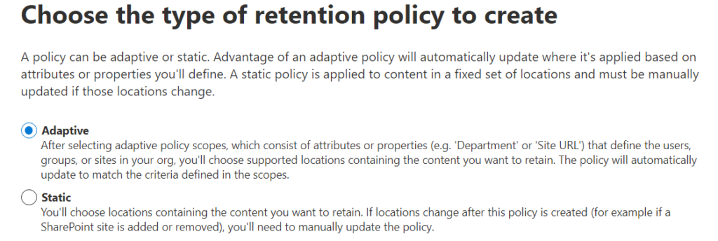 Choose the type of SharePoint retention policy to create
