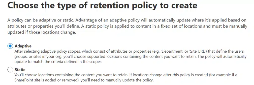 Choose the type of SharePoint retention policy to create