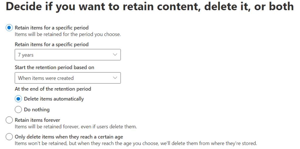 Default retention settings for SharePoint sites
