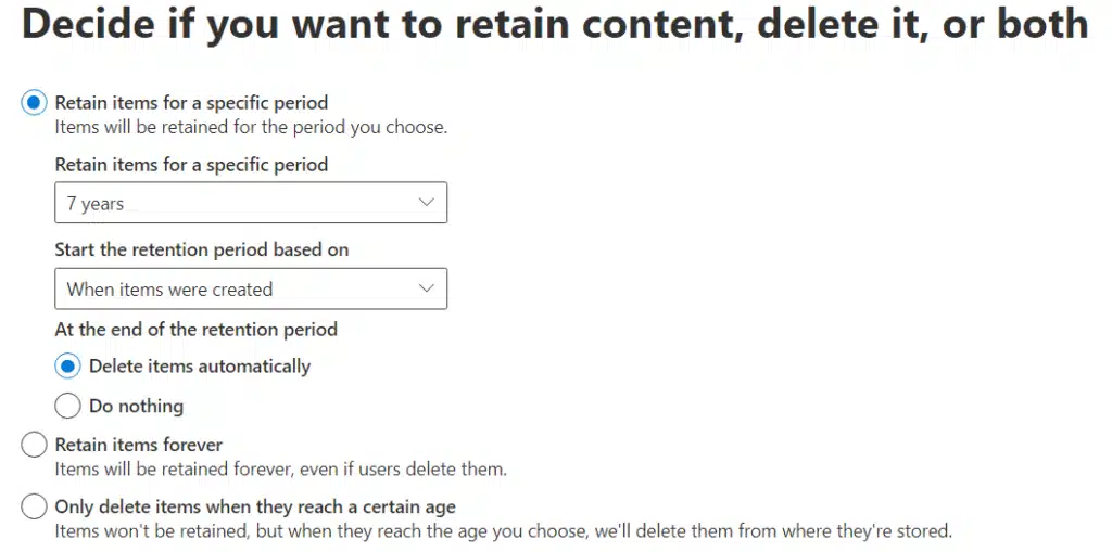 Default retention settings for SharePoint sites