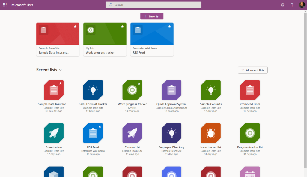 Home screen of the Lists web app