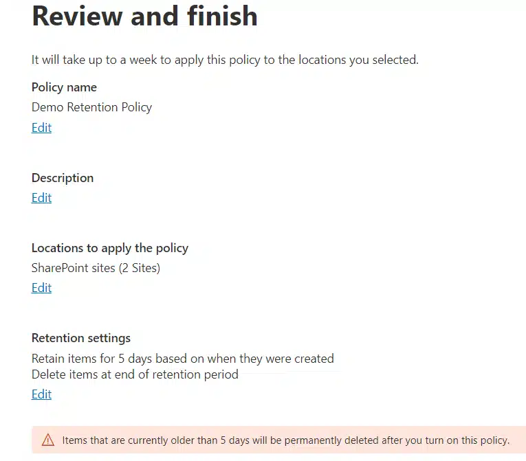 Review and finish the retention policy