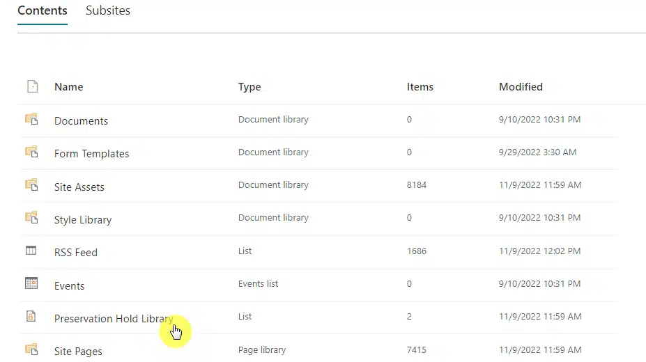 Preservation hold library in site contents
