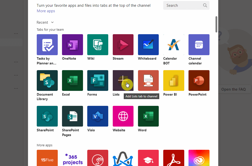 Add Lists tab to channel