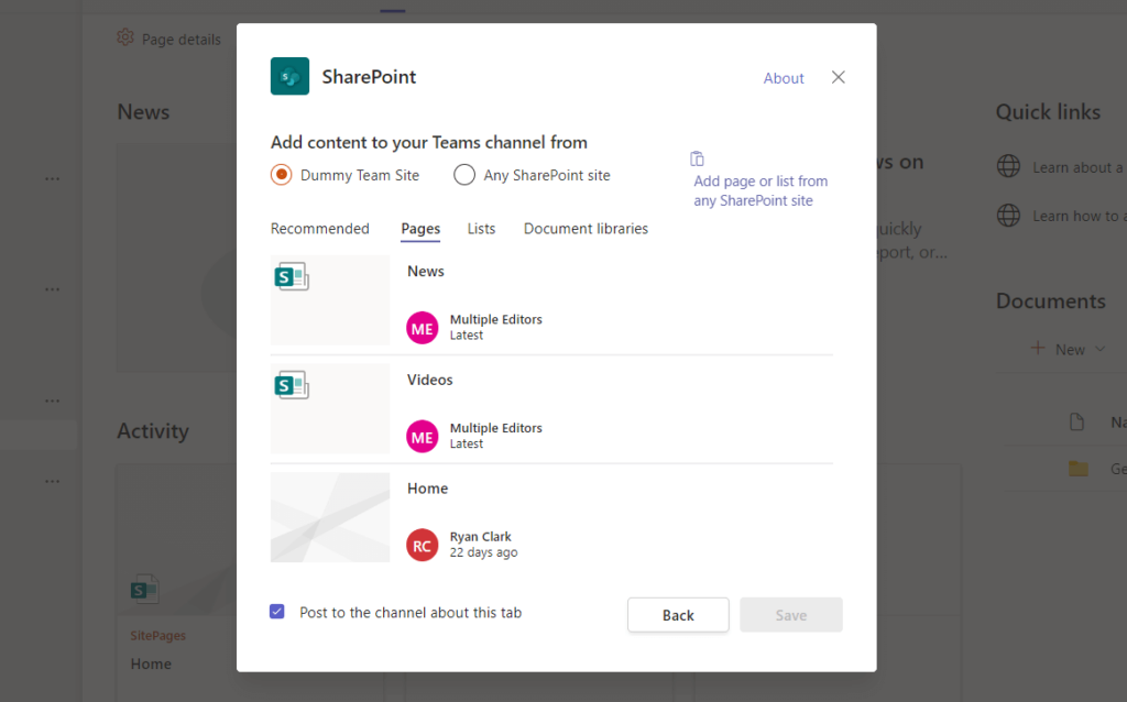 Add content to your Teams channel from: