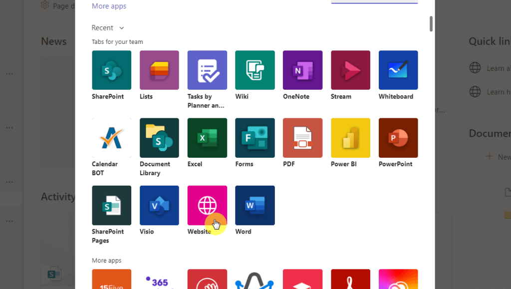 Website tab in Teams
