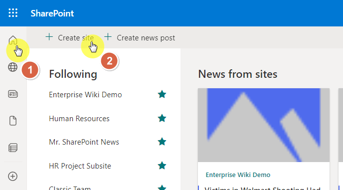 Start page > Create site