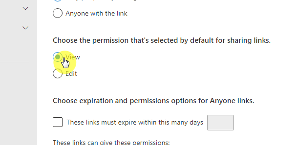 Choose the permission that's selected by default for sharing links
