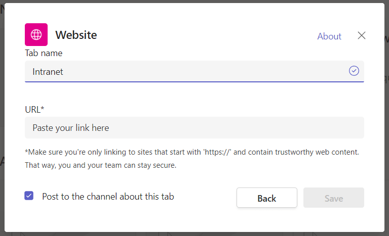 Add tab name and URL of the intranet website