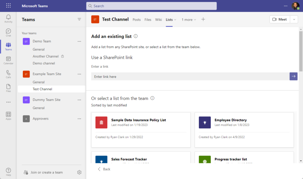 Add a list from any SharePoint site, or select a list from the team below