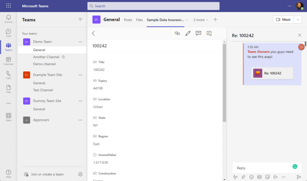 Conversation panel in a Lists tab in Teams