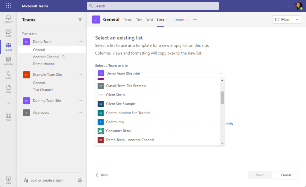 Select a list to use as a template for a new empty list on this site