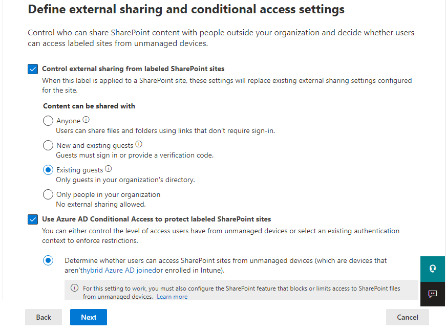 Define external sharing and conditional access settings