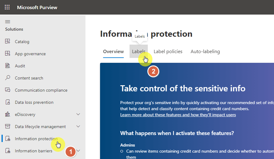 Go to information protection > sensitivity labels