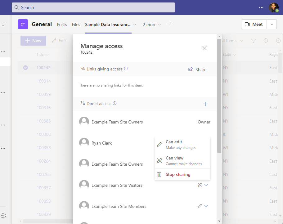 Manage access for item #100242