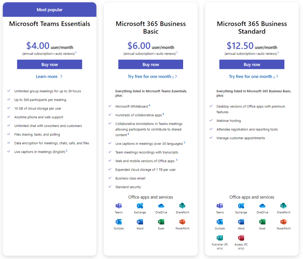 Microsoft Teams for Business plans