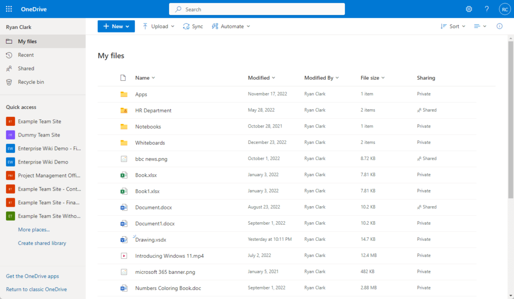 Interface of OneDrive