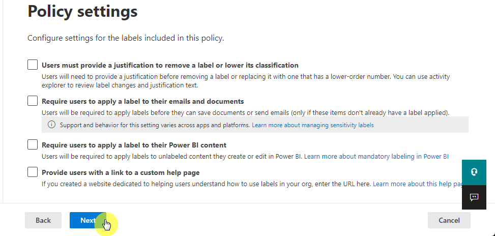 Configure settings for the labels included in this policy