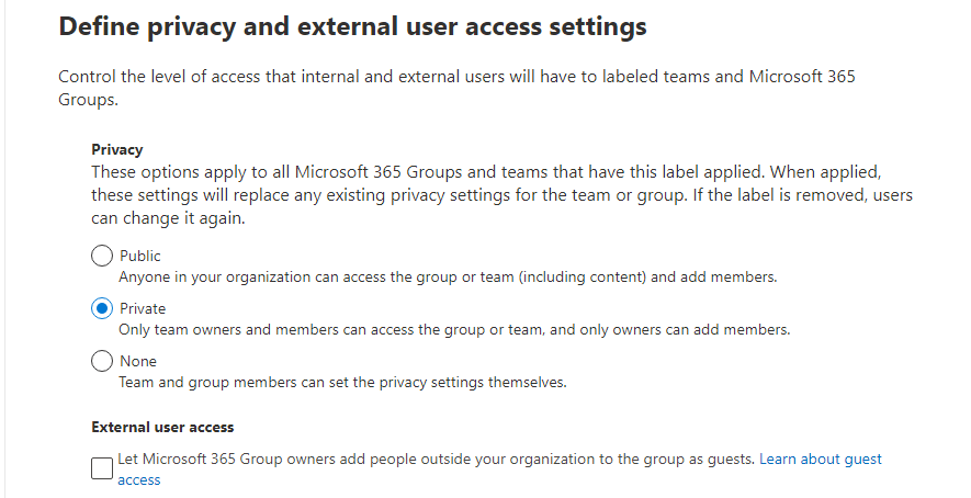Define privacy and external user access settings- sensitivity labels