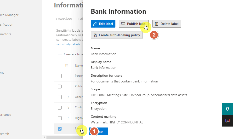 Publish bank information sensitivity label