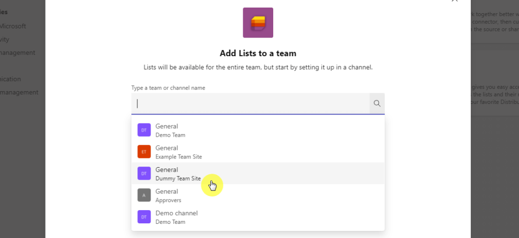 Type a team or channel name