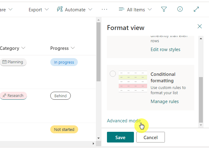Advanced mode link below the format column panel