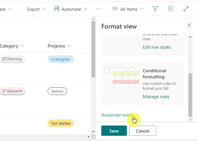 Advanced mode link below the format column panel