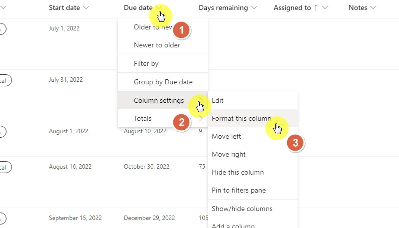Column header > column settings > format this column