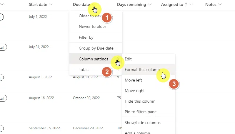 Column header > column settings > format this column