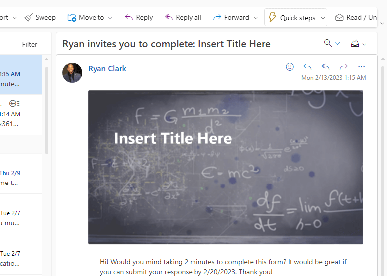 Cover page shown when sharing form through Outlook