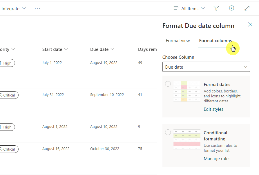 Go to format columns tab