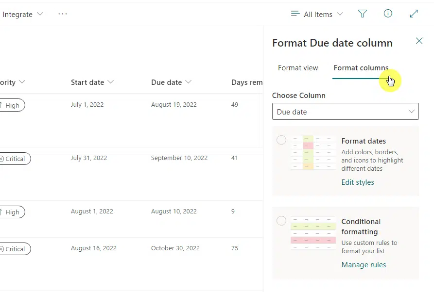 Go to format columns tab