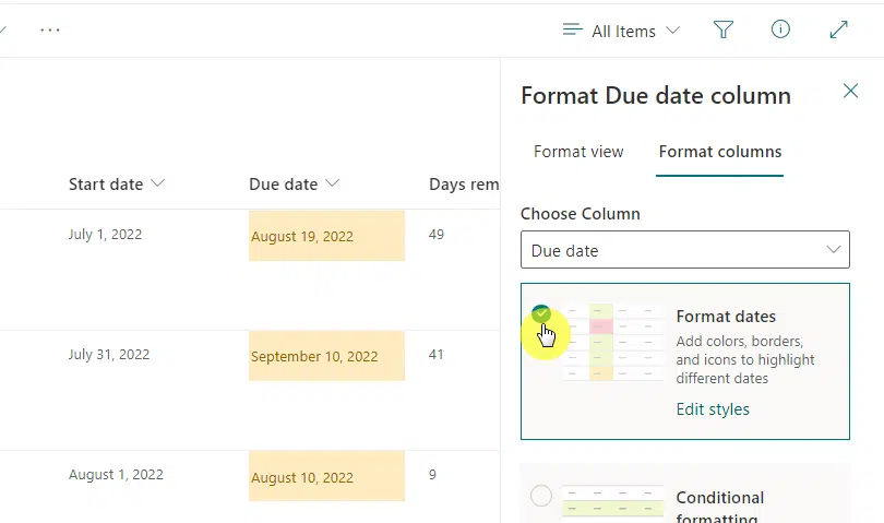Format dates in the column