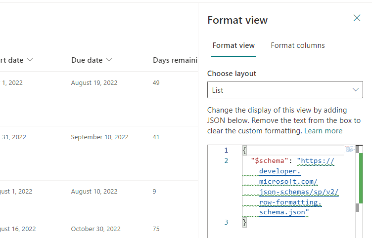 Formatting box that defines JSON objects