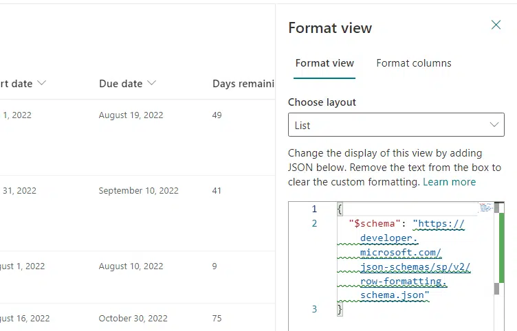 Formatting box that defines JSON objects