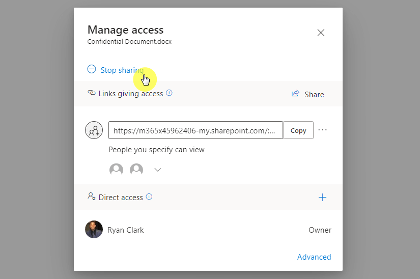 Stop sharing the OneDrive document