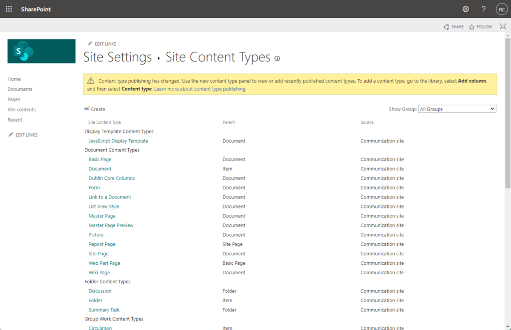 Classic content type hub