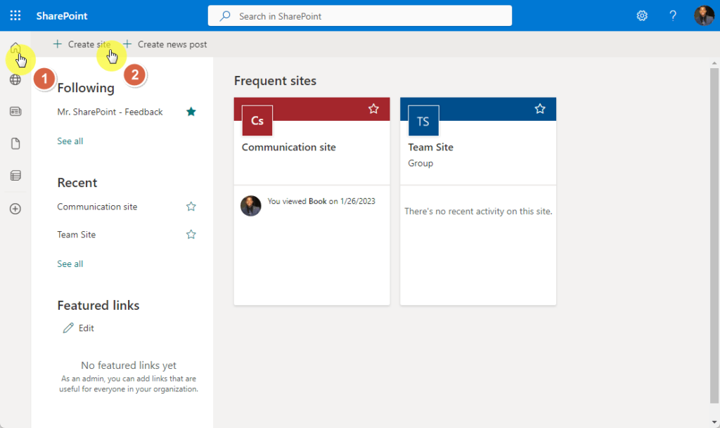 Create site button on start page