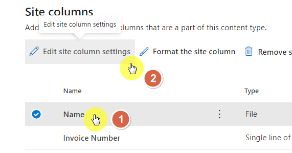 Edit site column settings button