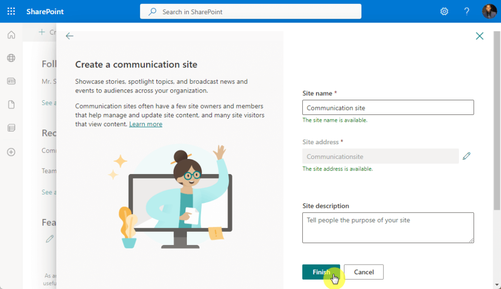 Finish creating a communication site