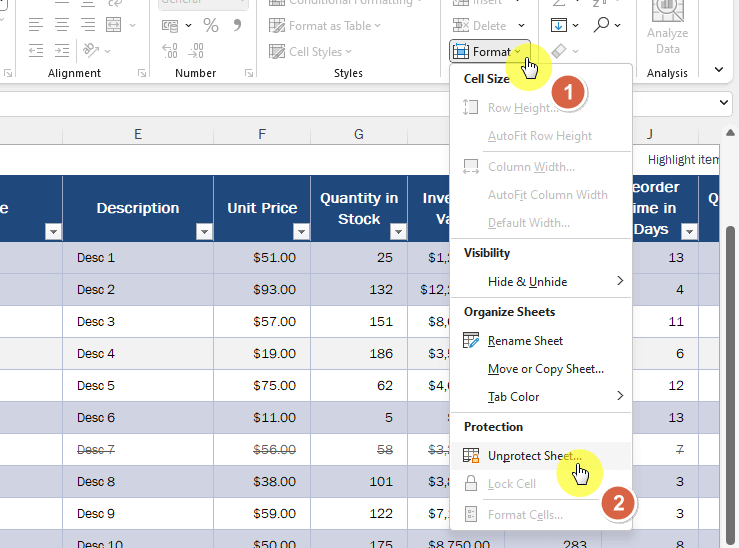 Unprotect sheet option in the format settings