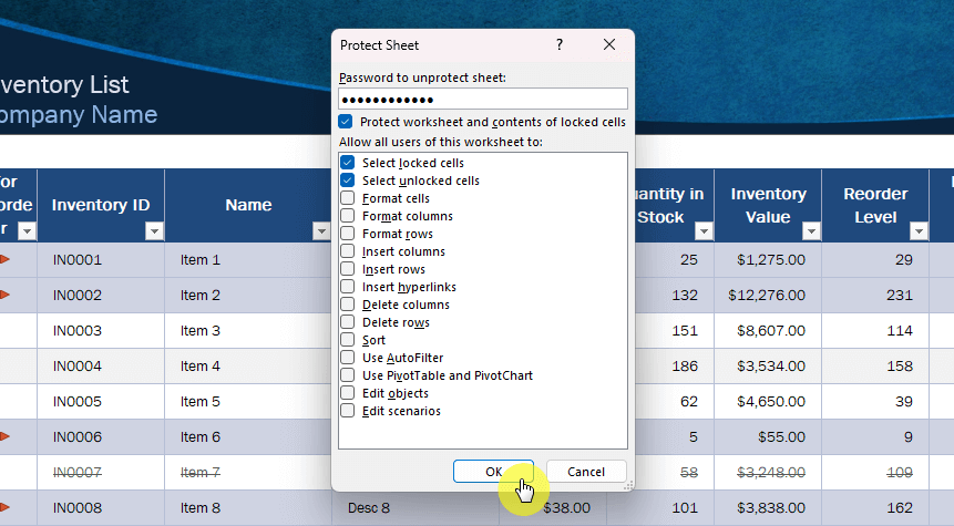 Confirm the protect sheet settings