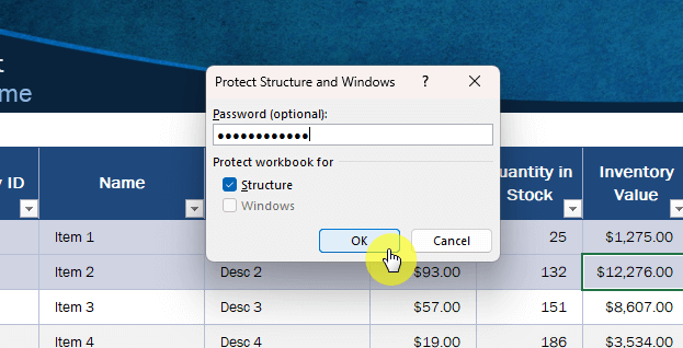 Protect workbook for structure and windows