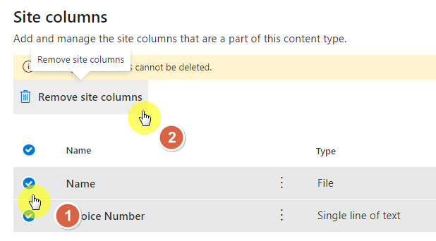 Remove site columns button